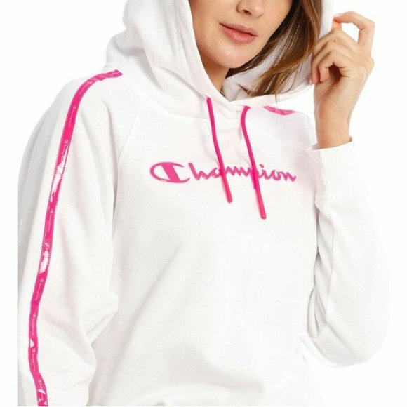 CHAMPION White Pink Stripe Tape Winter Cropped Hoodie Sweater Jumper - Picture 5 of 10